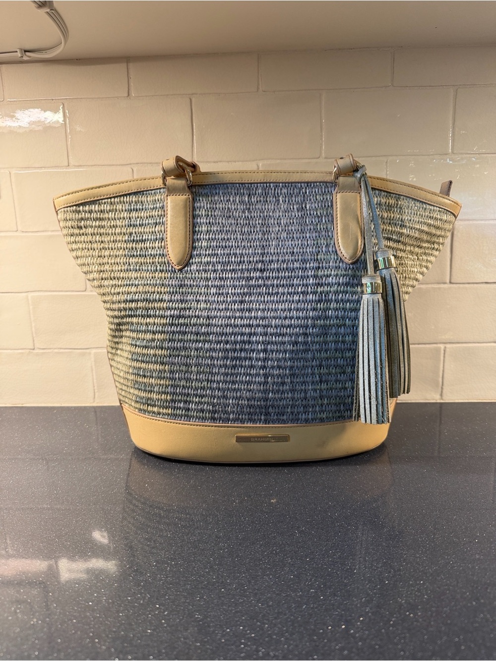 Brahmin Med Bowie Zip-top Blue-GreenWoven Tote with Tan Leather Trim - Picture 2 of 13